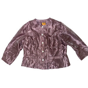 Ruby Rd Road Petite Sz 14 Burgundy Red Shimmer Jacket Blazer Pockets Button Up